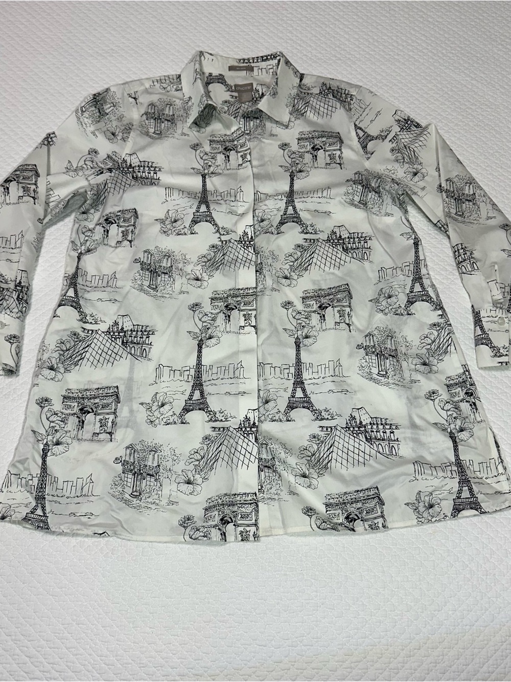 Chico's Black & Cream Paris Motif Button-Up Blouse
